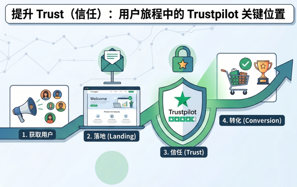 Trustpilot 在增长体系中的位置，并不是流量入口，而是转化前的关键环节。它的作用，是帮助用户完成"从犹豫到决定"的转变。